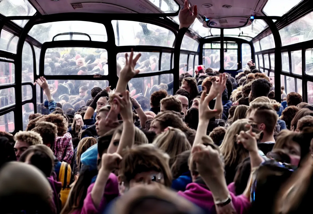 Image similar to a wide photo of a interior of a crowded bus with a huge octopus trying to get in, octopus beak can be seen, arms creeping in thrugh the windows, people are scared and screaming while trying to free through the windows and doors,