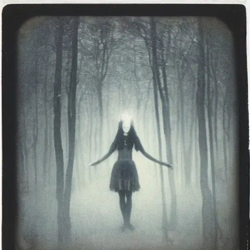 Prompt: an ancient evil-girl on a mysterious fractal forest, mist, 1910 polaroid photography, grainy film, Black and white