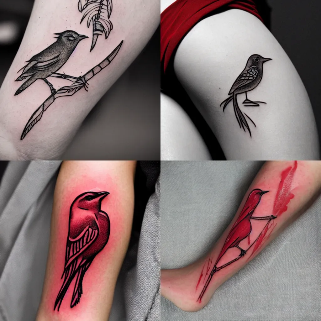 Prompt: a wireframe red tattoo of a nightingale bird on a leg.