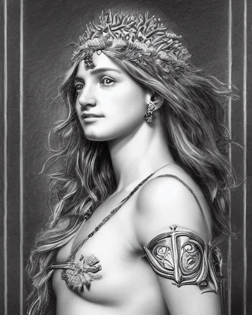 Image similar to pencil drawing of the beautiful greek goddess aphrodite wearing a laurel wreath and arrowhead earrings, beautiful confident eyes, beautiful flowing hair, white god eyes, hyper realistic face, in the style of greg rutkowski, fantasy, amazing detail, epic, elegant, smooth, sharp focus, from the front