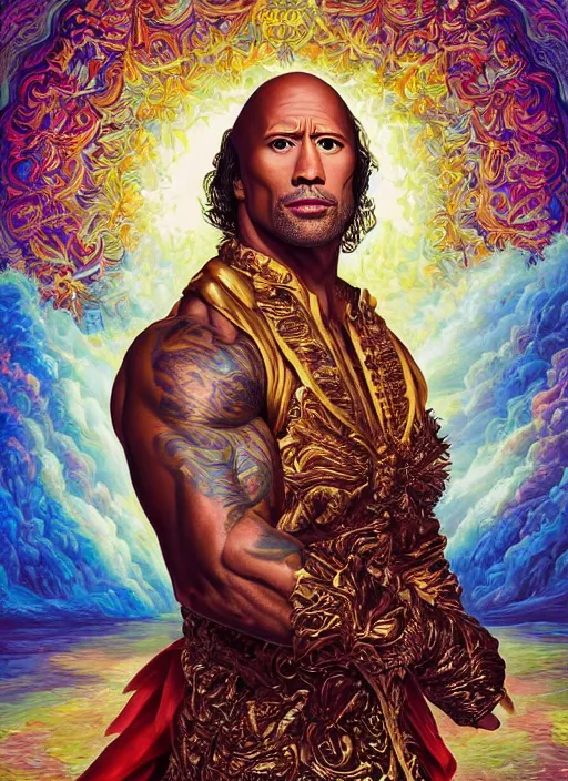 Prompt: beautiful oil painting, full body shot portrait of Dwayne the rock Johnson as Louis xiv in coronation robes 1701, Dan Mumford, Dan Mumford, Alex grey, Alex grey, highly detailed , lsd visuals, dmt fractal patterns, hallucinogen, visionary art, psychedelic art, ornate, vaporwave, baroque