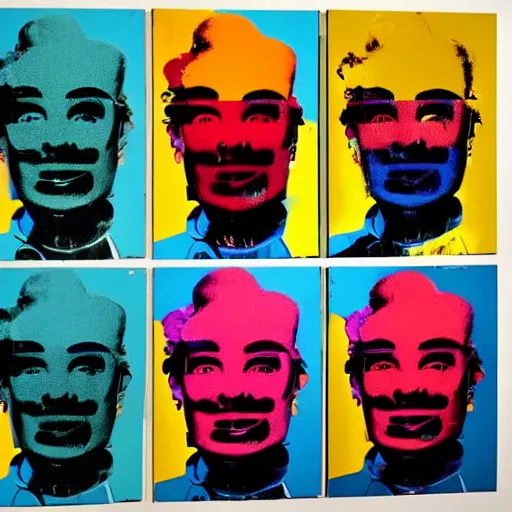 Image similar to frits lang robot, 6 panels by andy warhol, with highly contrasted colors and an illuminating background