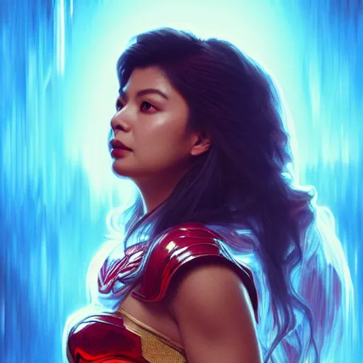 Image similar to angel locsin as darna, volumetric lights, red and cyan theme, art nouveau botanicals, intricate, highly detailed, digital painting, artstation, concept art, smooth, sharp focus, cinematic, illustration, beautiful face, art by artgerm and greg rutkowski and alphonse mucha