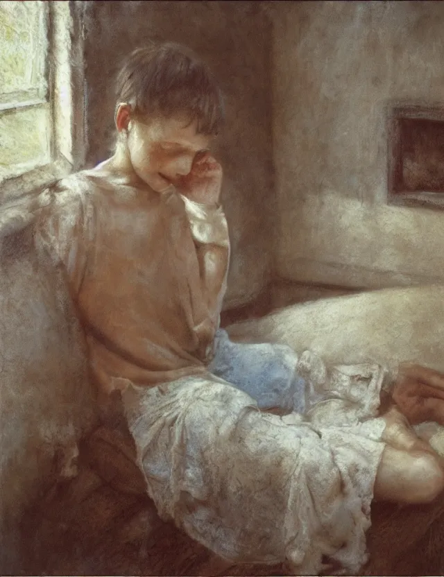 Image similar to peasant boy crying in country house, cottage core, cinematic focus, polaroid photo bleached vintage pastel colors high - key lighting, soft lights, foggy, by steve hanks, by lisa yuskavage, by serov valentin, by tarkovsky, detailed, oil on canvas