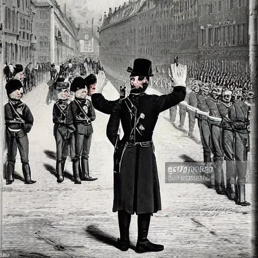 Prompt: pepe the frog saluting prussians soldiers in 1864, military parade, uncroped, expressive oil painting