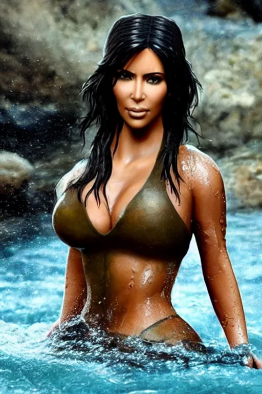 Prompt: a film still of kim kardashian as lara croft, close up face detail, muscular, wet body, model photography, wet dripping hair, emerging from the water