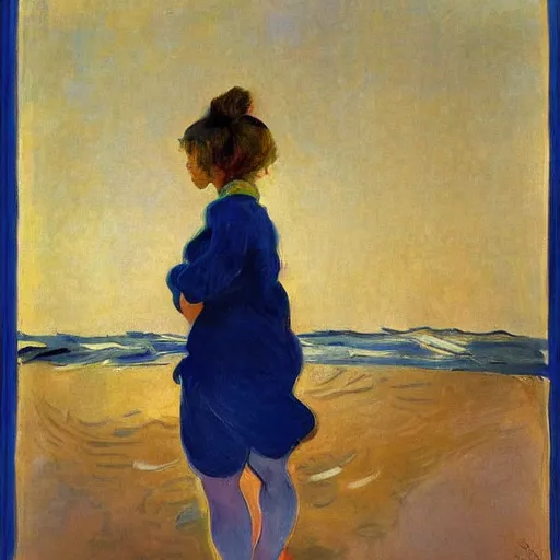 Prompt: a girl in the middle of the waves, backwards, beautiful hair, oil painting, rembrandt, henri matisse, sorolla, award winning painting, diffuse outline