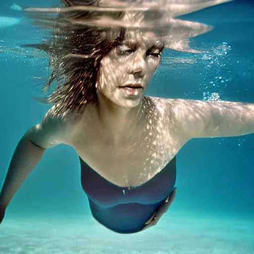 Prompt: underwater photography full portrait of a young beautiful woman swimming by terry o'neill