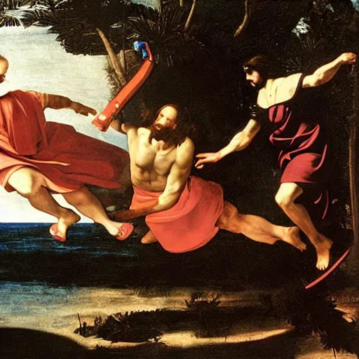 Prompt: Jesus Christ riding a hoverboard across water ,Caravaggio