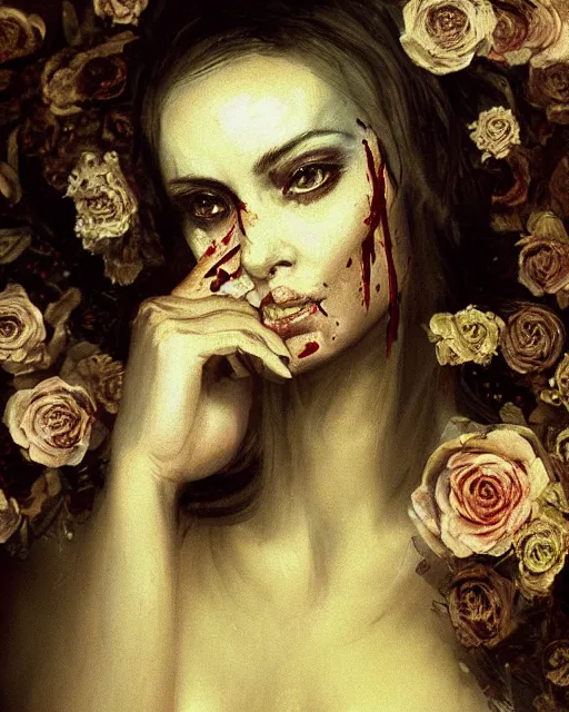 Prompt: a beautiful and eerie baroque painting of a beautiful but serious woman in layers of fear, with haunted eyes and dark hair piled on her head, 1 9 7 0 s, seventies, floral wallpaper, wilted flowers, morning light showing injuries, a little blood, delicate ex embellishments, painterly, offset printing technique