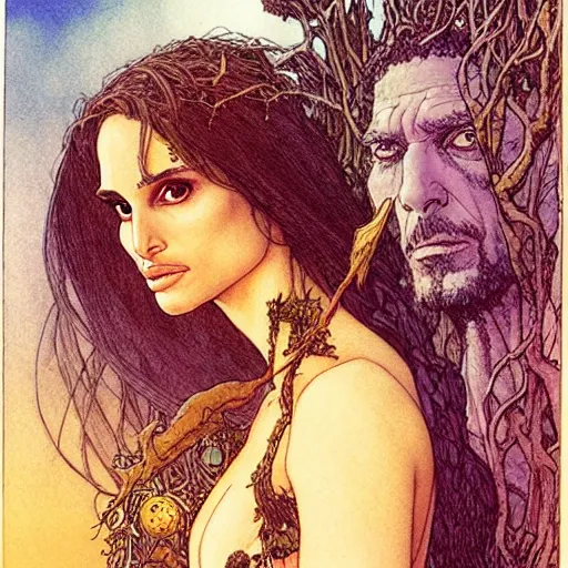 Image similar to a realistic and very beautiful and atmospheric portrait of a young natalie portman as a druidic wizard looking at the camera with an intelligent but seductive gaze by rebecca guay, michael kaluta, charles vess and jean moebius giraud