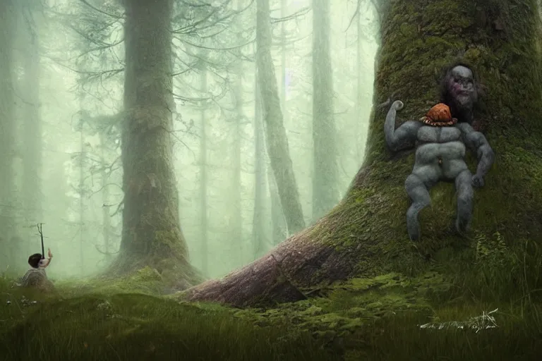 Image similar to huge troll in a swedish forest, very low angle photograph, very detailed, trending on artstation, realistic, soft colors, illustration by john bauer, simon stålenhag