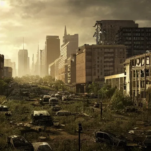 Prompt: a deserted zombie outbreak city, vegetation, post modern, post apocalyptic, the last of us, the walking dead, high definiton, high detail, ultra realistic, high quality, hyper realistic, 4 k uhd,