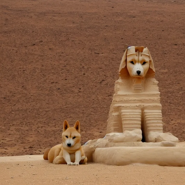 Image similar to in the middle of the egyptian desert, there is a shiba-inu sphinx