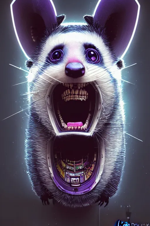 Image similar to a beautiful portrait of a cute cyberpunk opossum screaming by sandra chevrier and greg rutkowski and wlop, purple blue color scheme, high key lighting, volumetric light, digital art, highly detailed, fine detail, intricate, ornate, complex, octane render, unreal engine, photorealistic