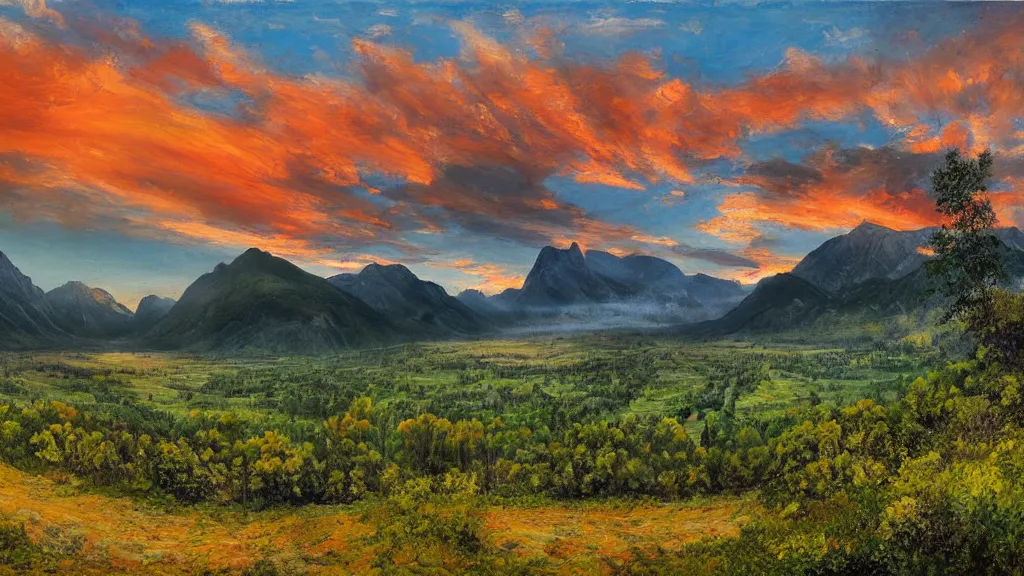 Image similar to The most beautiful panoramic landscape, oil painting, where the mountains are towering over the valley below their peaks shrouded in mist, the sun is just peeking over the horizon producing an awesome flare and the sky is ablaze with warm colors and stratus clouds. A giant dreamy waterfall creates a river, it is winding its way through the valley and the trees are starting to bloom in pink colors, by Greg Rutkowski, aerial view