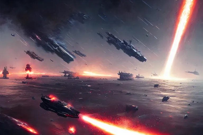 Prompt: large scale space battle, a large warship is exploding, epic science fiction digital art by greg rutkowski
