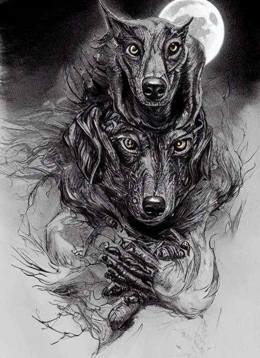 Image similar to a dachshund werewolf transforming under a full moon, dark colors, sinister atmosphere, dramatic lighting, cinematic, establishing shot, extremely high detail, photo realistic, cinematic lighting, pen and ink, intricate line drawings, by Yoshitaka Amano, Ruan Jia, Kentaro Miura, Artgerm, post processed, concept art, artstation, matte painting, style by eddie mendoza, raphael lacoste, alex ross