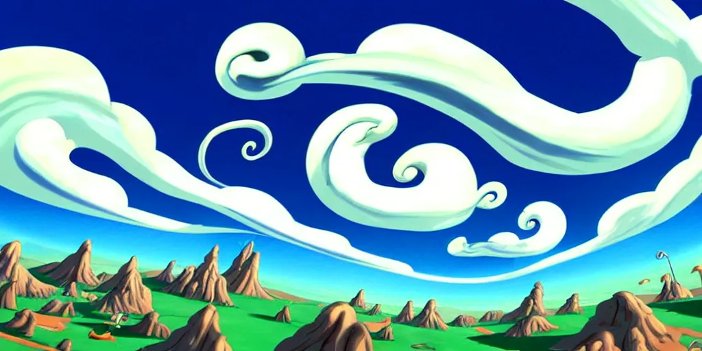 Image similar to cartoon concept art, clean blue sky spiral clouds, from sam and max