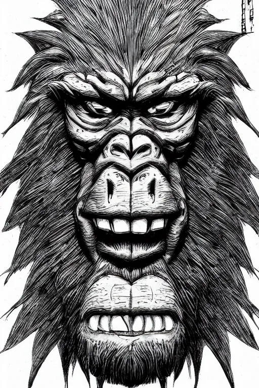 Image similar to pineapple ape humanoid figure monster, symmetrical, highly detailed, digital art, sharp focus, trending on art station, kentaro miura manga art style