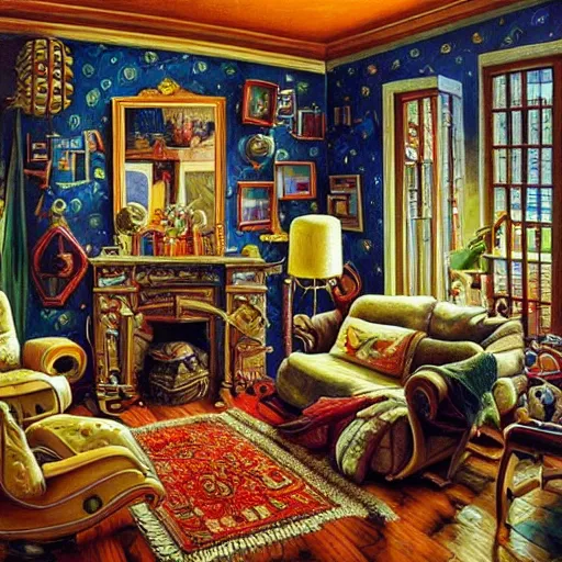 Prompt: a painting of a living room, a surrealist painting by jacek yerka, cgsociety, fantastic realism, maximalist, surrealist, detailed painting