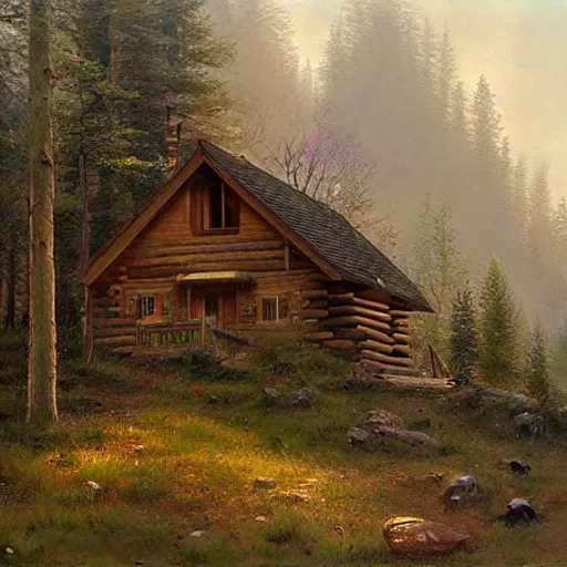 Image similar to a cabin in the woods by james gurney