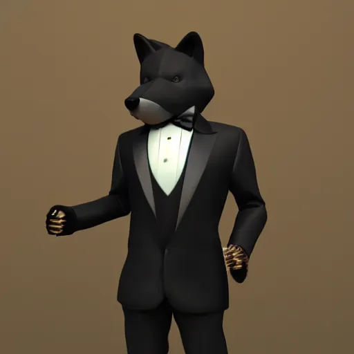 Image similar to 3 d render of a wolf as a gentleman wearing tuxedo on a studio shot, studio lighting, cinematic perspective, full hd