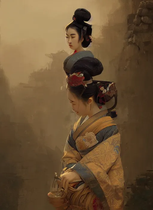 Image similar to female geisha girl, beautiful face, rule of thirds, intricate outfit, spotlight, by justin gerard, by greg rutkowski, by jeremy mann, digital painting