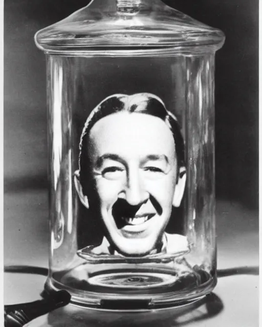 Prompt: 1 9 4 0 s photograph of walt disney's head in a jar attached to a super computer