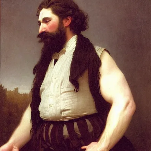 Prompt: detailed portrait painting of gentleman fantasy strongman dwarf with long braided beard wearing brown tuxedo by William-Adolphe Bouguereau