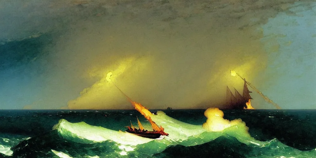 Prompt: “ boat on fire in rough ocean waves, painted by caspar david friedrich and ivan aivazovsky and winslow homer ”