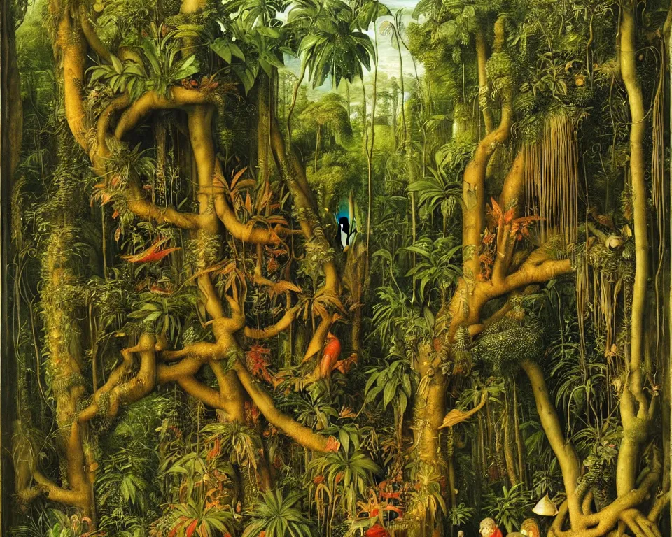 Prompt: a bookshelf in the rainforest by albrecht altdorfer. hyperdetailed, proportional, romantic, enchanting, achingly beautiful, graphic print, trending on artstation, jungle, tropical, foliage