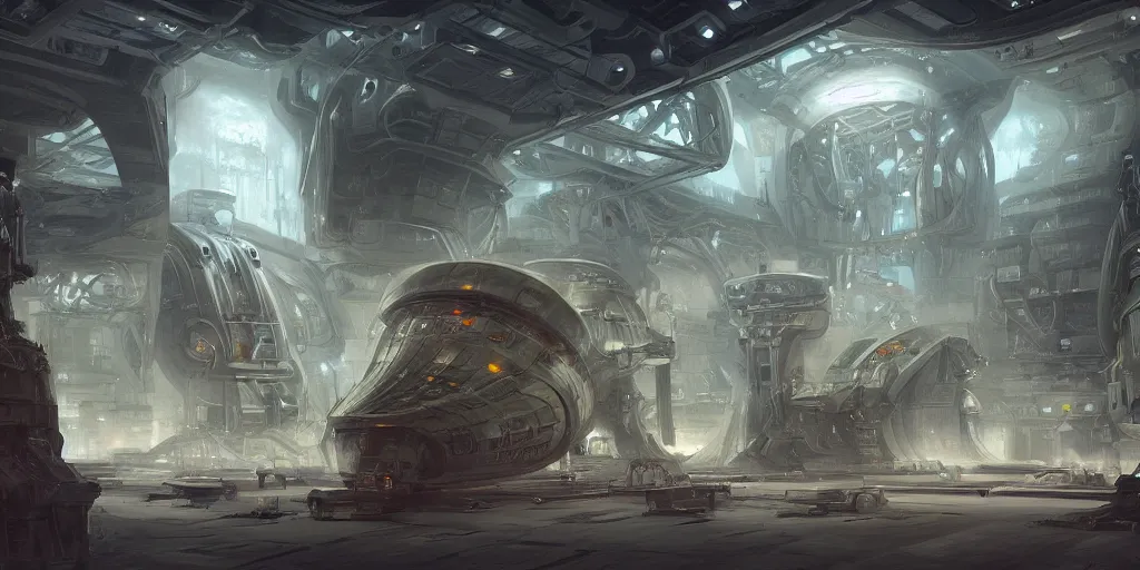 Prompt: one thousand aligned cryogenic pods, spaceship hangar, symmetrical, sci-fi, cryogenic pods, many cryogenic pods, interior, fantasy, 4k, wide shot, matte painting, oil painting, concept art, art station, alan lee and peter mohrbacher and frank frazetta and mike mignola