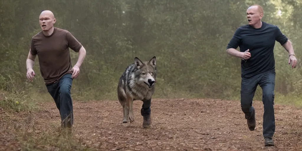 Image similar to a film still of Bill burr in running with wolves, high quality