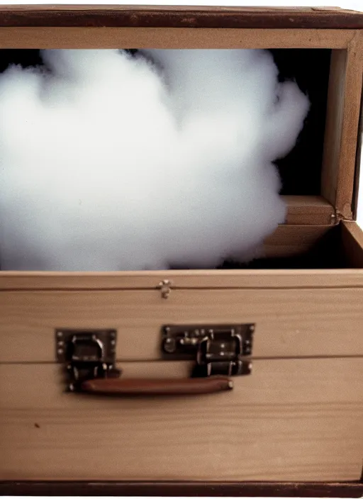 Image similar to realistic photo of white hairy cloud in a wooden box briefcase, front view, grain 1 9 9 0, life magazine reportage photo, metropolitan museum photo