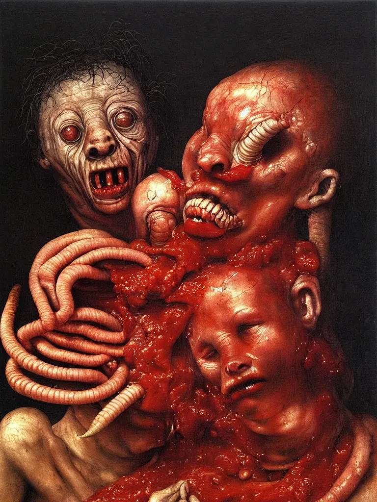 Image similar to a boy like eraserhead and elephant man sitting in a tub full of tomato sauce, looking straight into camera, screaming in desperation, by giuseppe arcimboldo and ambrosius benson, renaissance, fruit, intricate and intense oil paint, a touch of beksinski and hr giger and edward munch, realistic