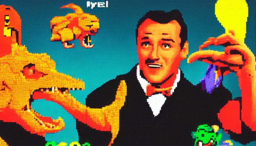 Image similar to beautiful still from retro snes arcade game featuring gene kelly demanding a refund on undercooked overpriced dinosaur steak in downtown dive bar bistro, hyperreal detailed facial features and uv lighting, retro nintendo bitmap pixel art