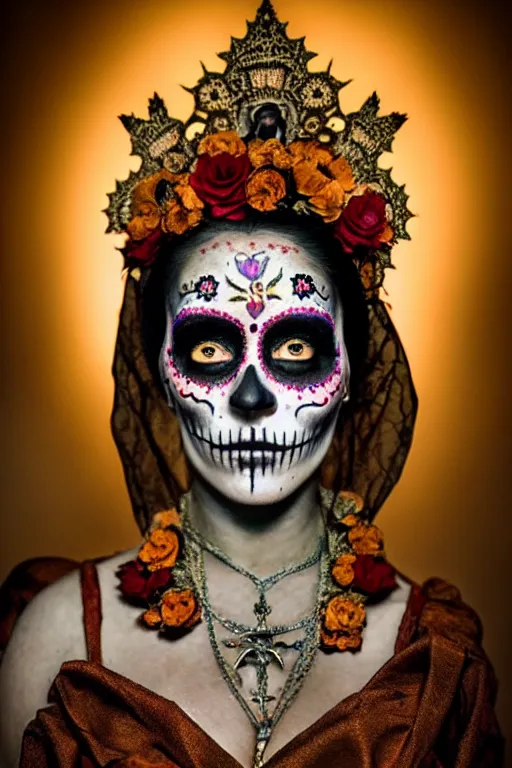 Image similar to 1 9 0 0's virgin mary dia de muertos dress and make up, horrific beautiful vibe, evocative, atmospheric lighting, painted, intricate, highly detailed, leesha hannigan, wayne haag, reyna rochin, ignacio fernandez rios, mark ryden, iris van herpen, stunning, gorgeous, sharp focus, cinematic, masterpiece