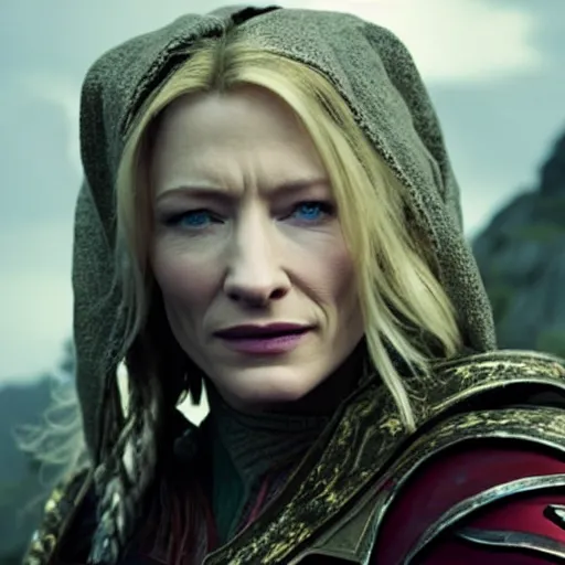 Image similar to a movie still photograph of cate blanchett as lady sylvanas windrunner