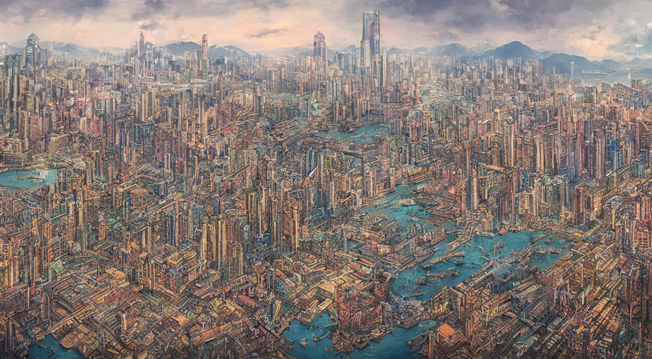 Prompt: a Stunning 3d painting of A Great cyberpunk city on the sea by Annibale Siconolfi,Retro colour,hyper detailed,Kowloon Walled City,8K Resolution