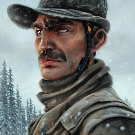 Image similar to A comic book style portrait painting of a male sheriff in a a post apocalyptic winter landscape, unreal 5, DAZ, hyperrealistic, octane render, RPG portrait, ambient light, dynamic lighting