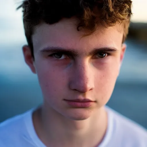 Image similar to Portrait of a sad looking teenage boy, around 20 yo, natural brown hair and smooth pale skin. Beach background. Award winning photograph.