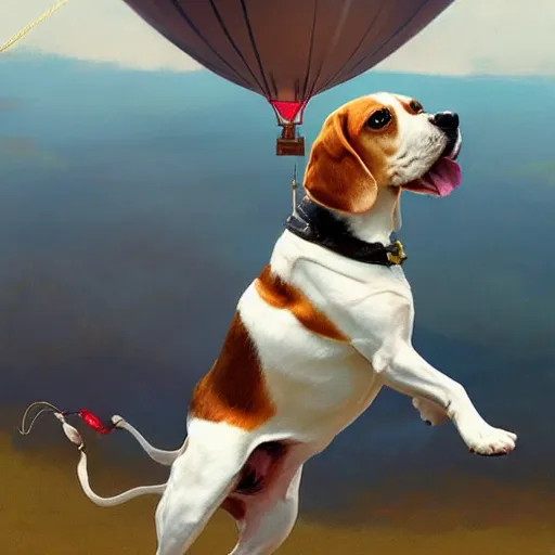 Image similar to a beagle dog flying on a balloon, digital painting, smooth, elegant, hd, art by wlop and artgerm and greg rutkowski and alphonse mucha