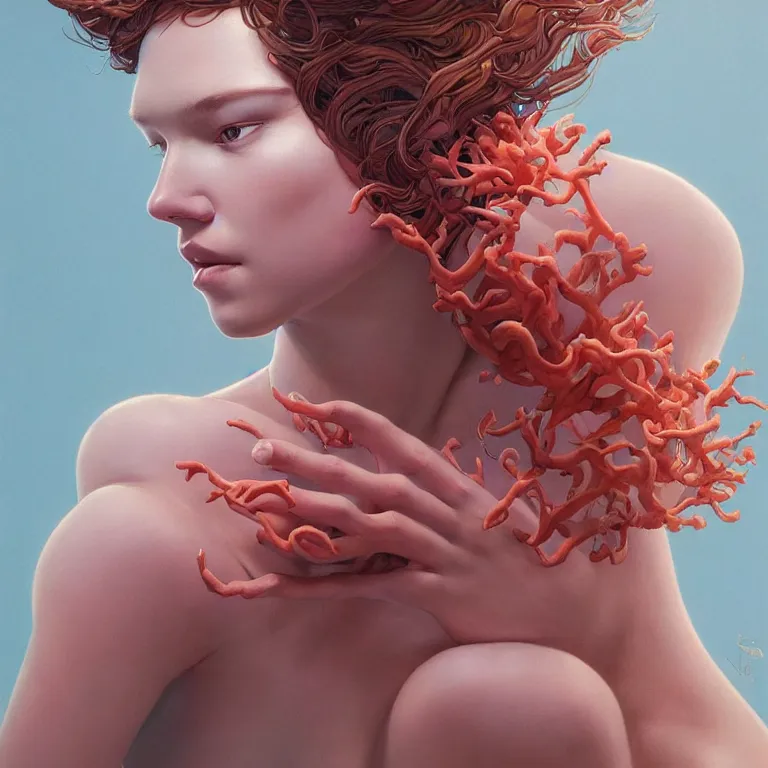 Prompt: portrait of beautiful!! woman with coral!! reef hair. soft light painted by james jean and moebius!!! and erik jones, inspired by mary jane ansell, smooth face feature, intricate oil painting, high detail 3 d render, sharp high detail