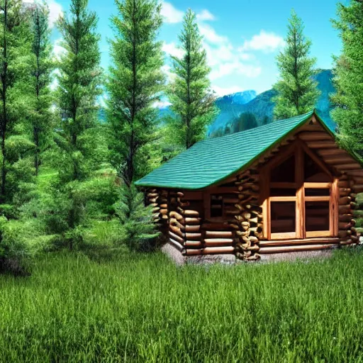 Image similar to log cabin in the forest, mountain behind log cabin, realistic