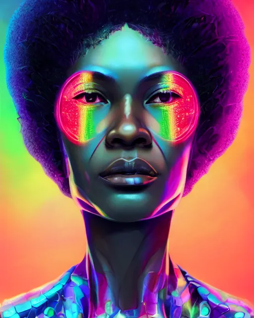 Image similar to a powerful energy psychedelic matrix afro american woman, by alexander fedosav, hyper detailed digital matte painting, concept art, hyperrealism, 1 6 k resolution, cinema 4 d, 8 k resolution, trending on artstation, behance hd, a masterpiece, by stephan martiniere, particles, cel - shaded, power bright neon energy, by david a. hardy