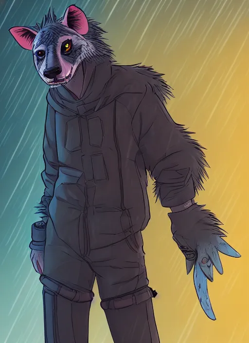 Prompt: character portrait of a male anthro hyena fursona with a tail and a cute beautiful attractive detailed furry face wearing stylish cyberpunk clothes in a cyberpunk city at night while it rains. color page, tankoban, 4K, tone mapping. By Rukis. comic book style