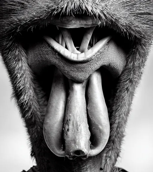 Prompt: Award winning full-body wide-angle Editorial up-angled photograph of Early-medieval Scandinavian Folk ostrich Baring its teeth with incredible hair and fierce hyper-detailed eyes and a very huge large forked tongue poking out by Lee Jeffries and David Bailey, 85mm ND 4, perfect lighting, a heart-shaped birthmark on the forehead, dramatic highlights, wearing traditional garb, With very very huge sharp jagged Tusks and sharp horns, Pathécolor