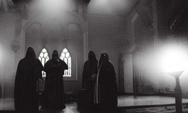 Image similar to a cultist ceremony, cultists with robes and masks, church interior, satanic church interior, the fog. horror lighting, found footage