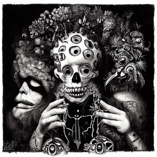 Image similar to punk album cover, psychedelic, black and white, giuseppe arcimboldo